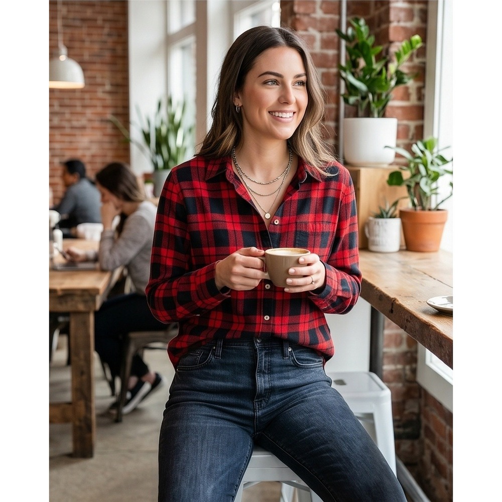 Jachs Girlfriend Womens XXL Red Black Plaid Flannel Button Down Shirt NWT
